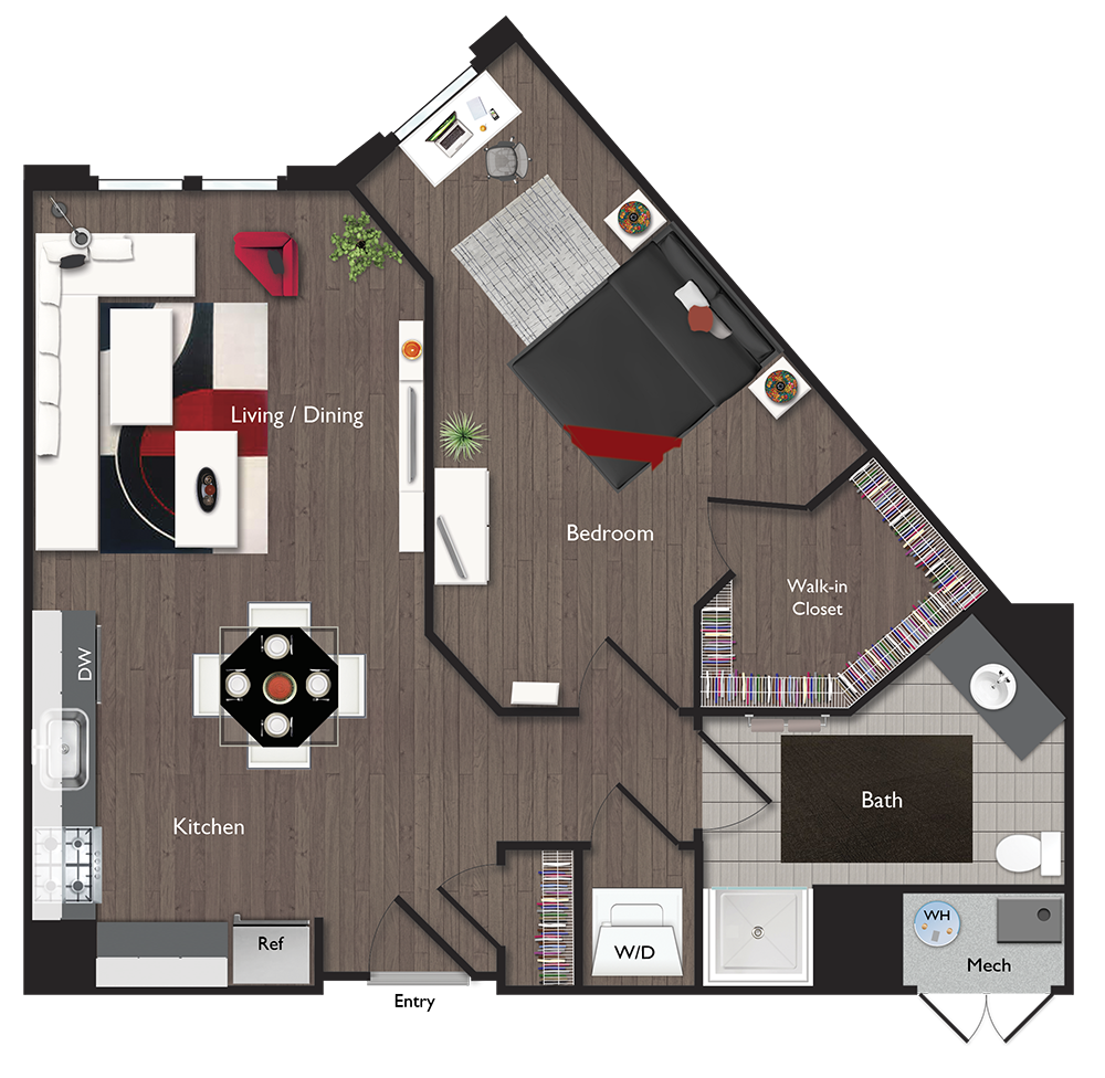 Floor plan for 1 bed, 1 bath, 689 sqft